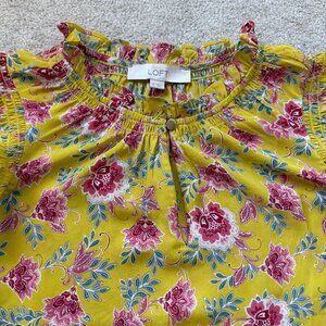 Loft Garden Smocked Ruffle Neck, Arms Shell Top Yellow Floral Size M Keyhole